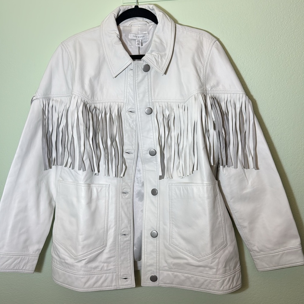 Topshop Roy fringed white leather jacket US size 12
